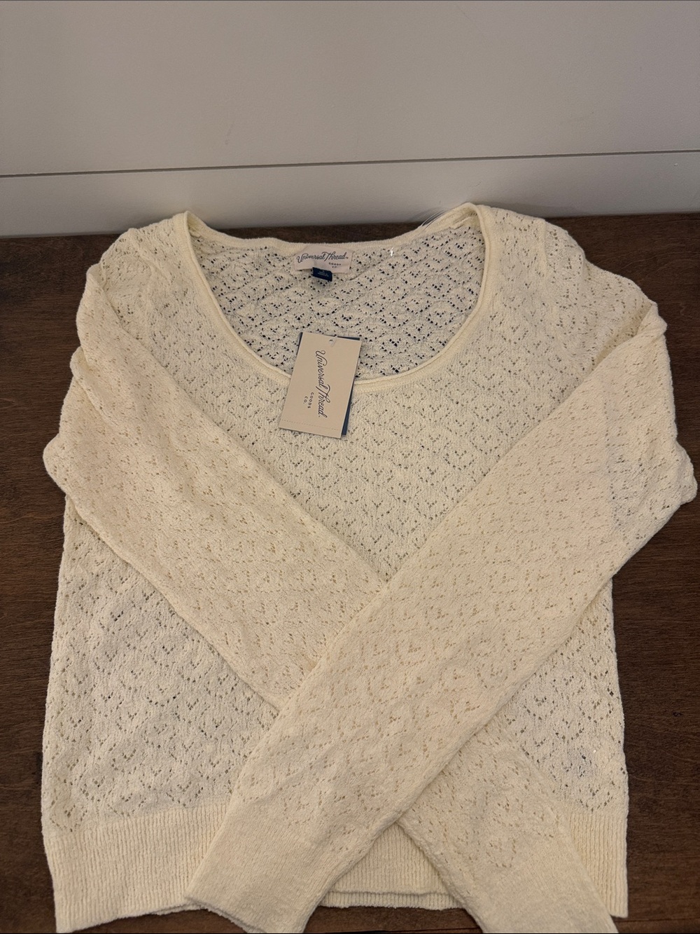 Universal Thread Cream Scoop-Neck Openwork Pullover Sweater
